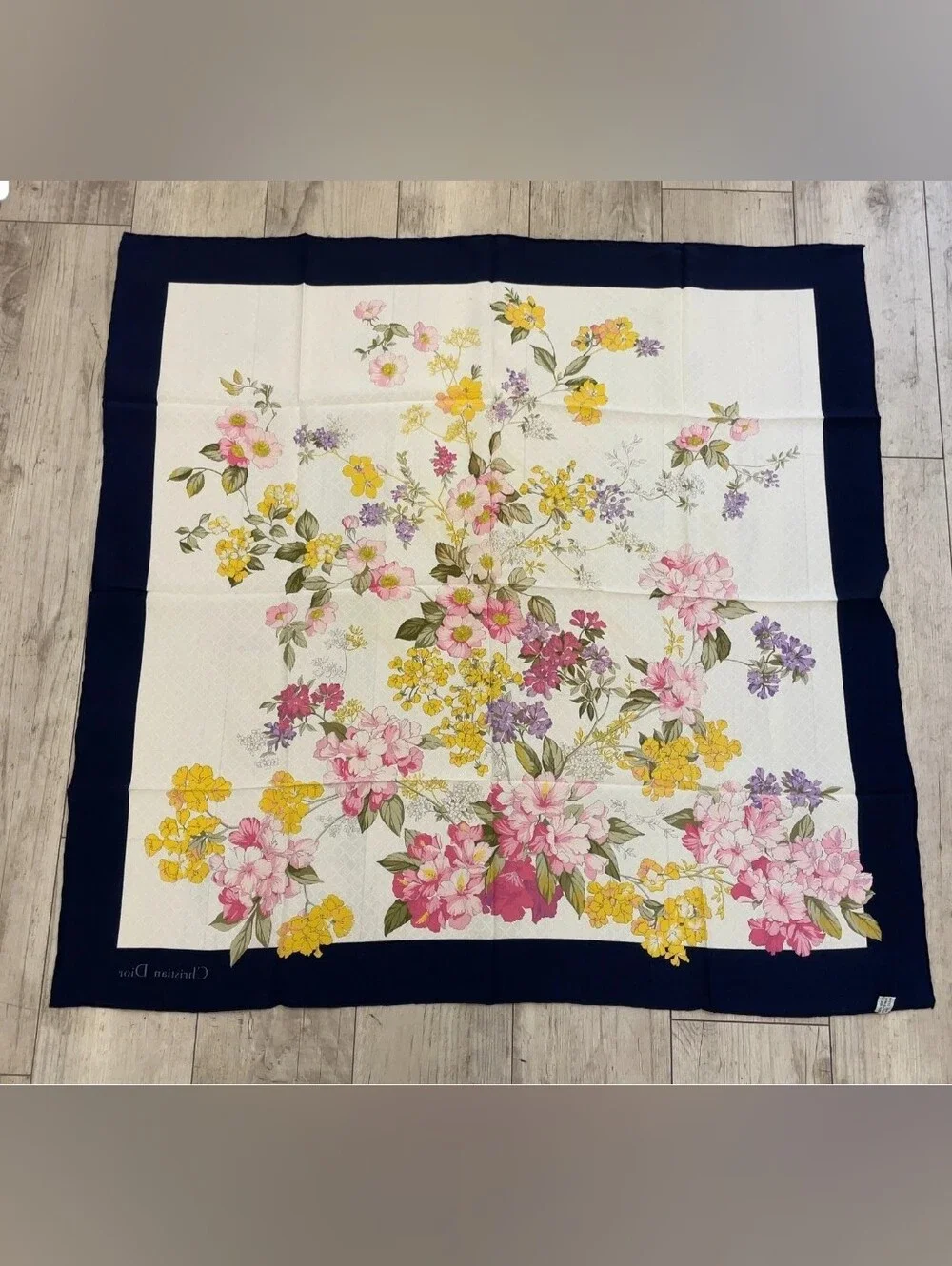 Vintage Christian Dior Silk Floral Scarf Navy Blue Border